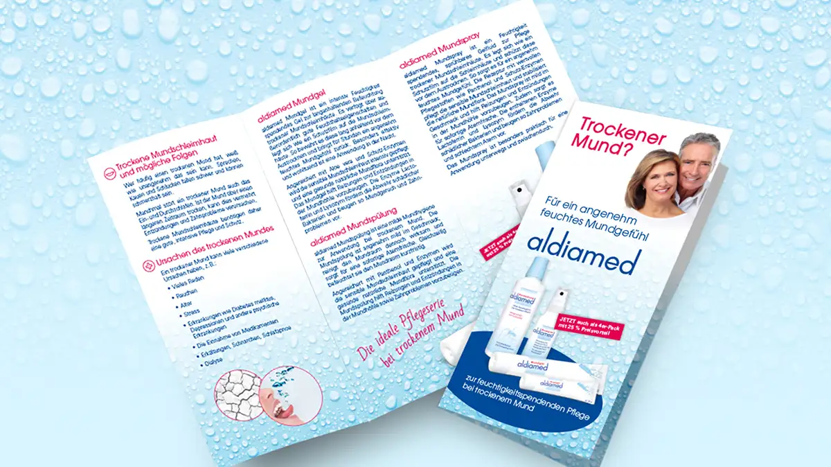 aldiamed Infoflyer mit Informationen zu trockenem Mund und der aldiamed Produktserie